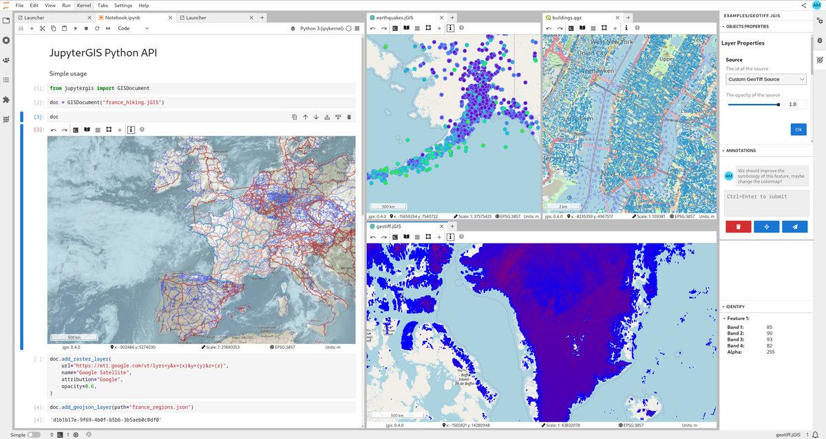 JupyterGIS application with notebook and map views