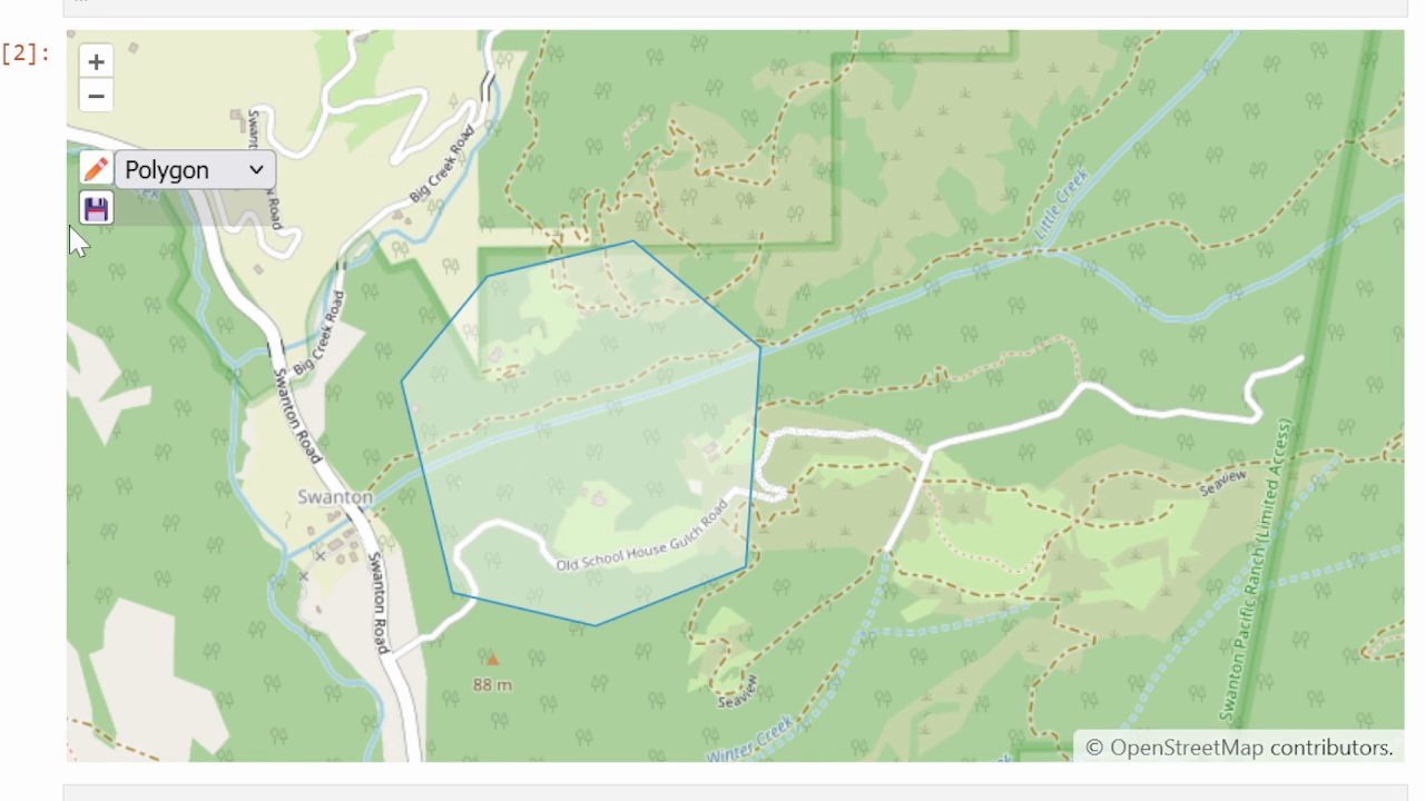 Polygon drawn on a map of Swanton Pacific Ranch with the Map2Cell draw tool