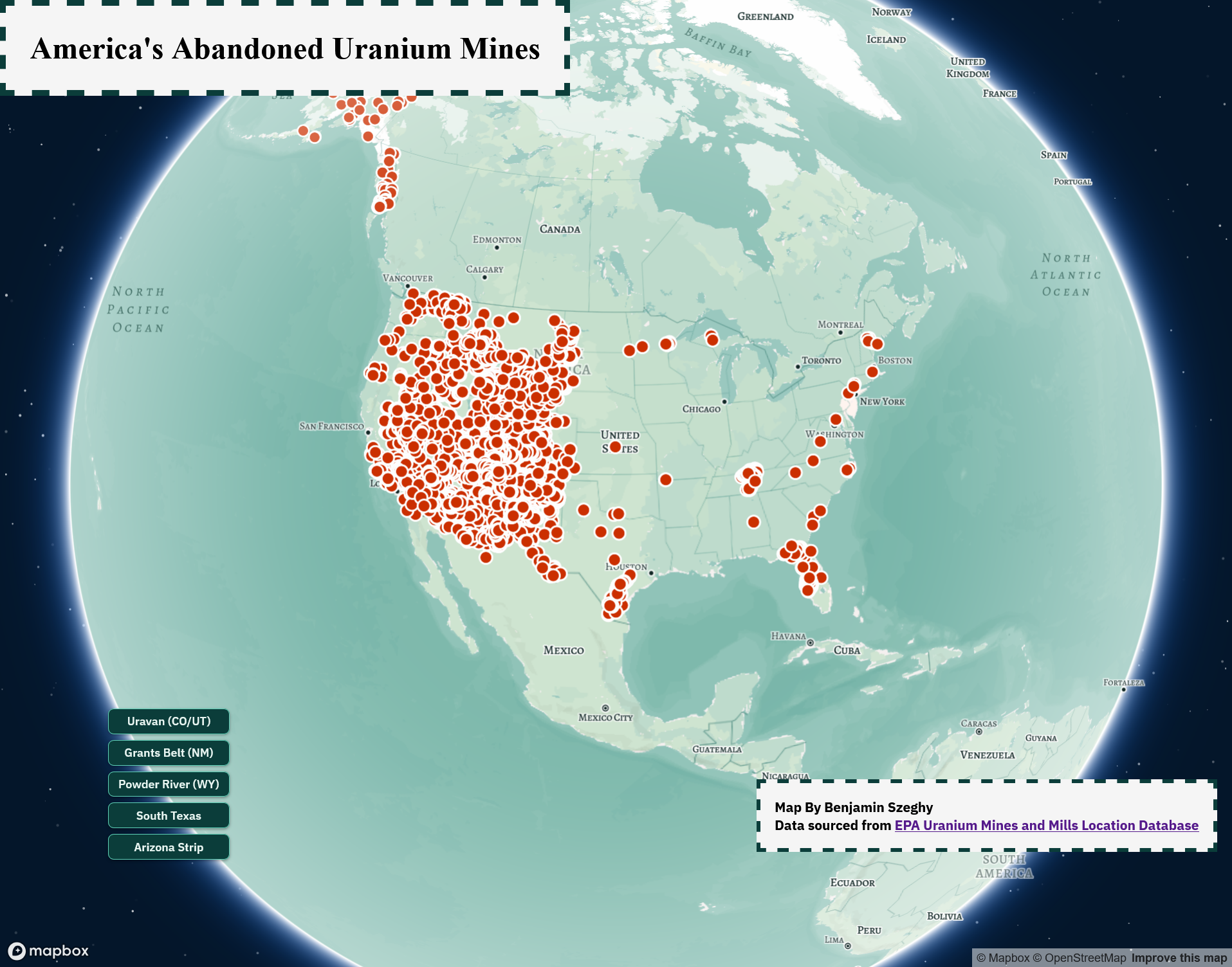 Screenshot preview of America's Abandoned Uranium Mines interactive web map